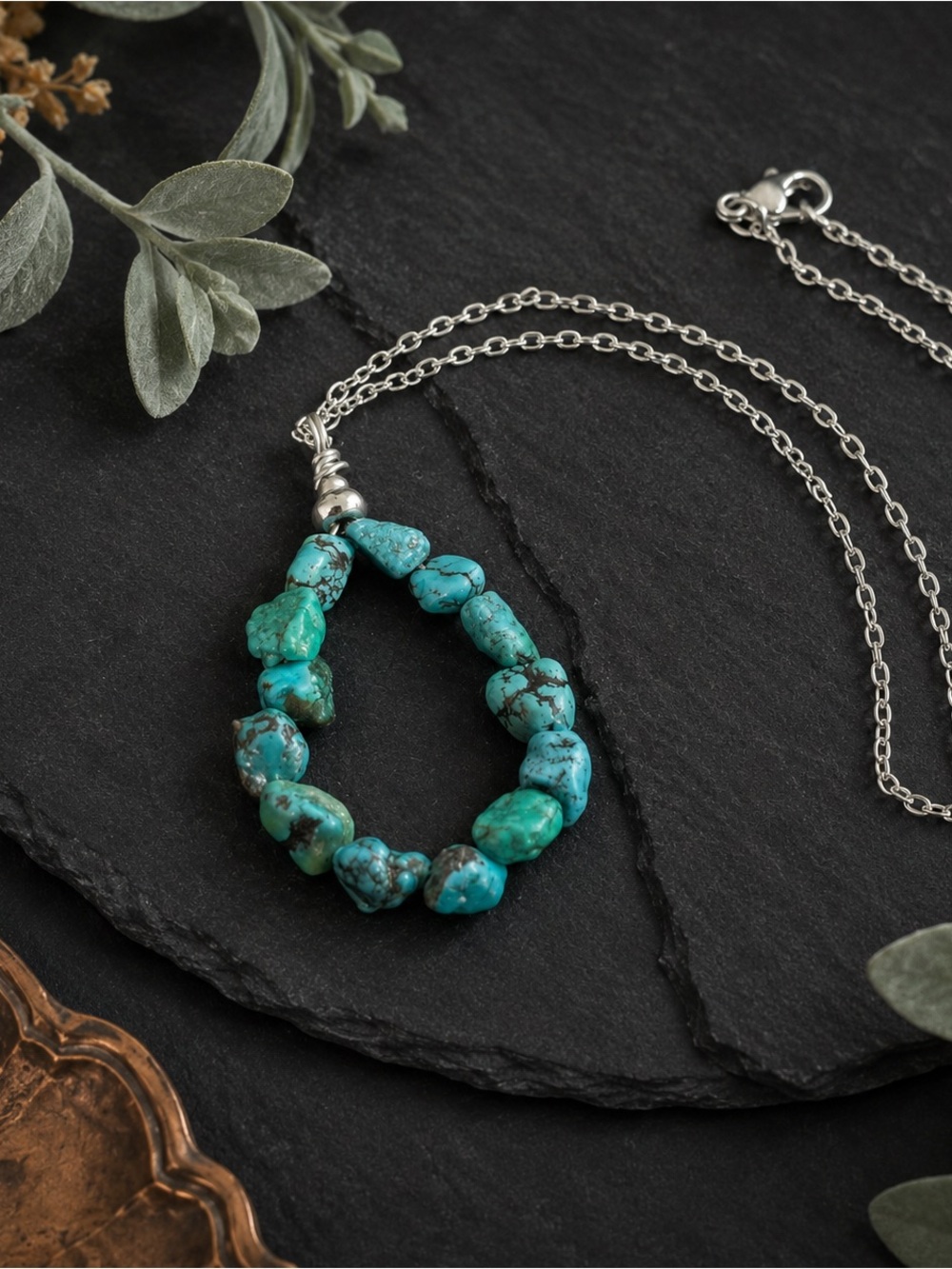 Handmade minimalist turquoise nugget pendant necklace in stainless steel